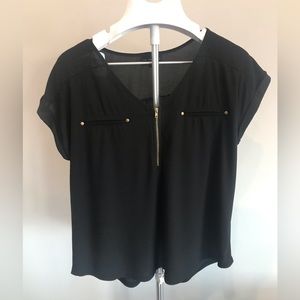Sheer Black Cap-Sleeve Blouse with Gold Zipper & Faux Front Pockets, Size L